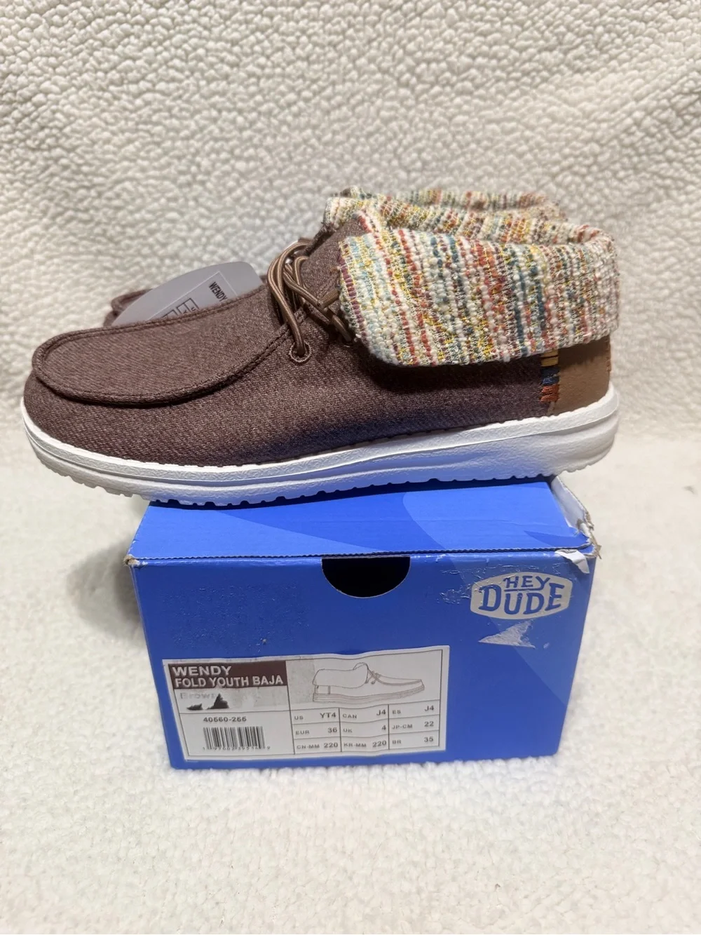 Hey Dude Wendy Fold Youth Shoes - Brown Upper with Multicolor Knit Cuff